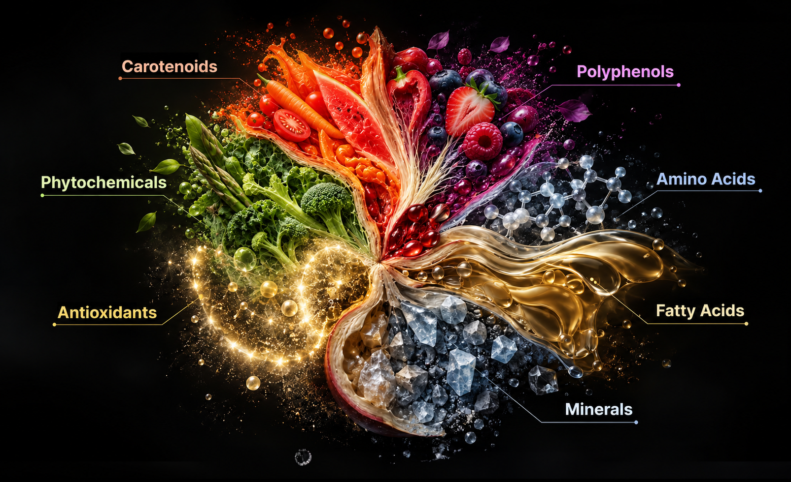 Diagram of food compounds — carotenoids, polyphenols, amino acids, fatty acids, minerals, antioxidants, phytochemicals — becoming the body's cells, tissues, organs, bones and brain