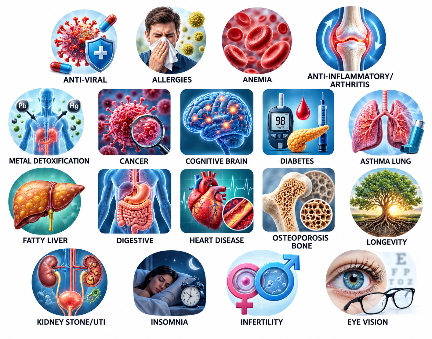 Grid of eighteen therapeutic areas covered by the protocols: anti-viral, allergies, anemia, anti-inflammatory and arthritis, metal detoxification, cancer, cognitive brain, diabetes, asthma lung, fatty liver, digestive, heart disease, osteoporosis bone, longevity, kidney stone and UTI, insomnia, infertility, and eye vision